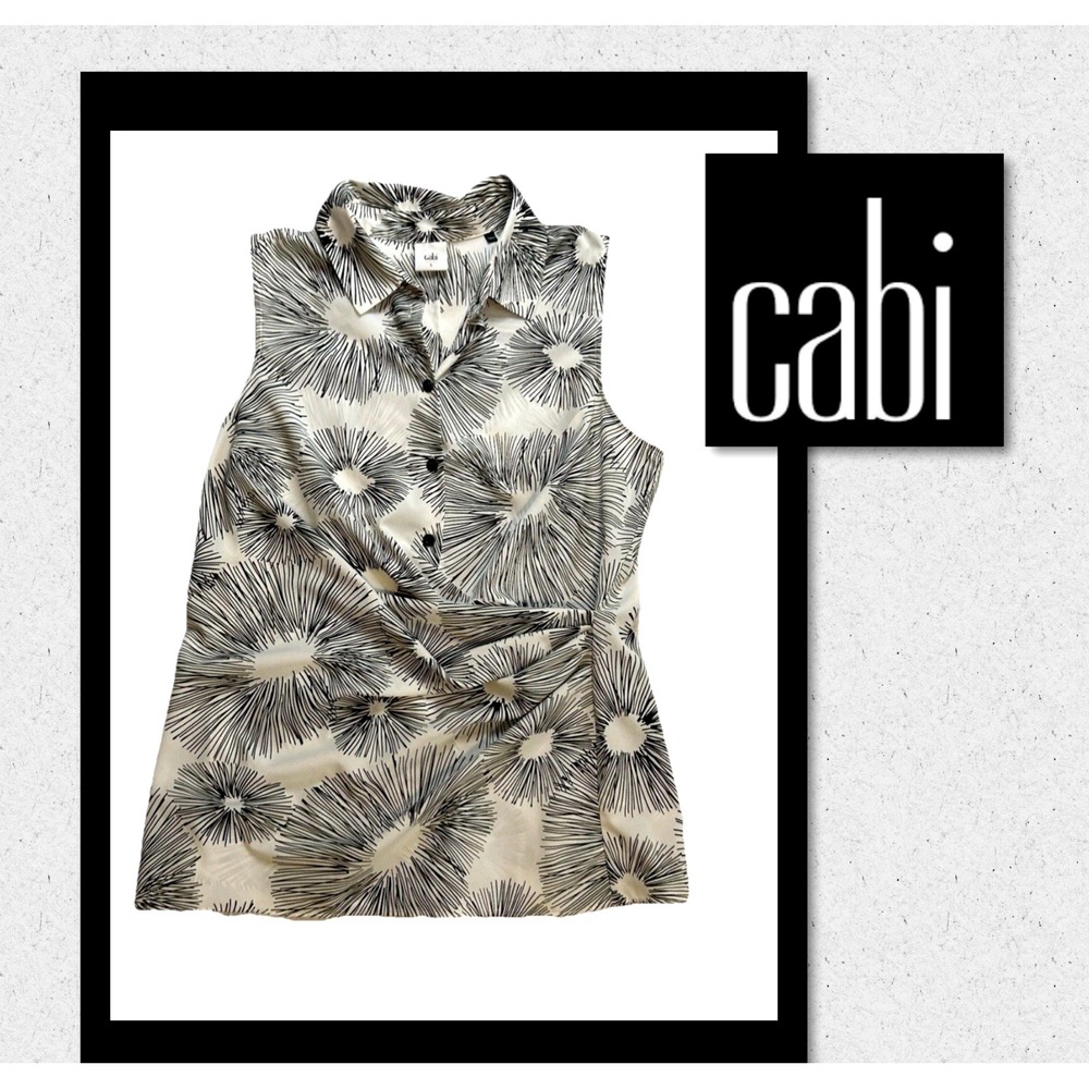 CAbi  Large Sleeveless Blouse Black & White Sunburst Faux Wrap Top Career #5228